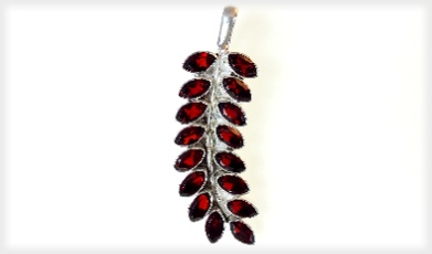 Garnet Hanging Branch Long Leaf Pendant in Silver.